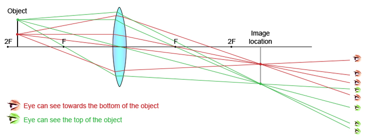 Ray diagram showing what parts of the object the eye can see from various positions